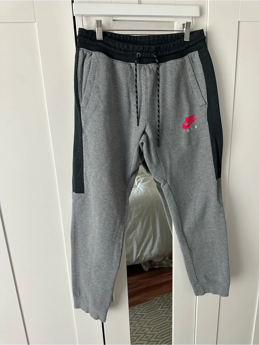 Nike Men’s Grey & Black Jogger Pants with Neon Coral Logo Medium